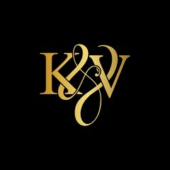K & V KV logo initial vector mark. Initial letter K & V KV luxury art vector mark logo, gold color on black background.