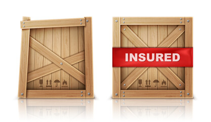 Wooden box closed by metal nails, damaged and with insurance realistic vector illustration Wooden cargo box, broken or cracked package and parcel with insured inscription, isolated on white background