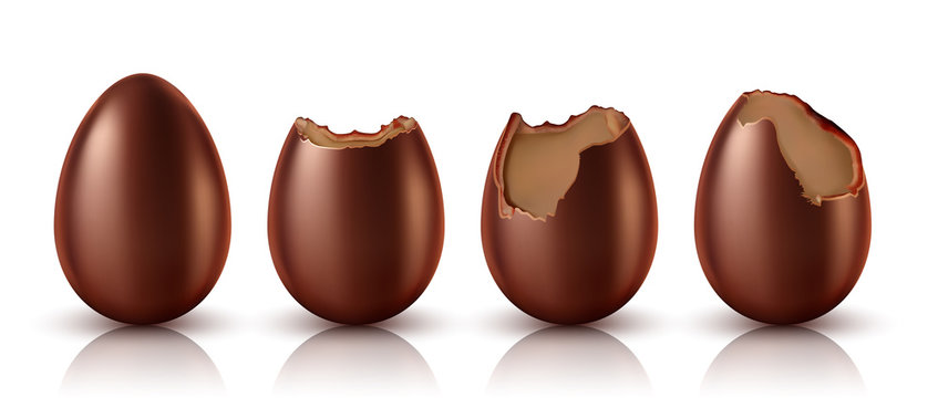 Chocolate egg whole and bitten realistic vector illustration. Collection of Easter chocolate sweets in eggs shape at different stages of eating, isolated on white background