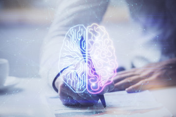 Man with multi exposure brain theme icons.