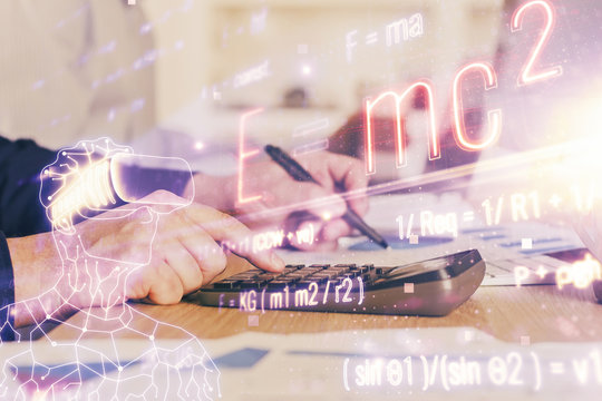 Student or teacher with mathematical and scientific formulas. Concepts of education. - Powered by Adobe