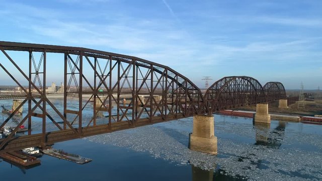 Aerial view of MacArthur Bridge in St. Louis, Missouri. Shot after the car deck had been removed, leaving only the train track portion of the bridge. Shot on DJI Phantom 4 Pro.