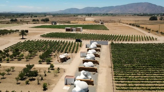 Drone shot of modern ecotourism lodging surrounded by vineyards in the wine country of Valle de Guadalupe, in Baja California, Mexico.