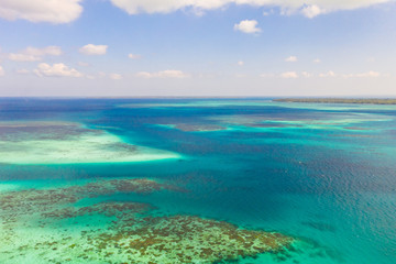 Fototapeta na wymiar Coral reefs and atolls in the tropical sea, top view. Turquoise sea water and beautiful shallows. Philippine nature.