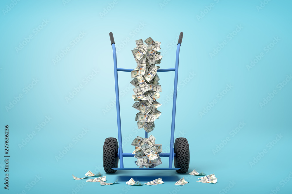 Poster 3d rendering of hand truck standing in half-turn with exclamation mark made up of dollar banknotes o