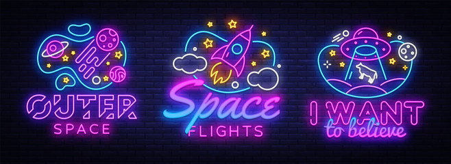 Space collection neon signs vector. Cosmic Theme design template concept. Neon banner background design, night symbol, modern trend design. Vectro Illustration