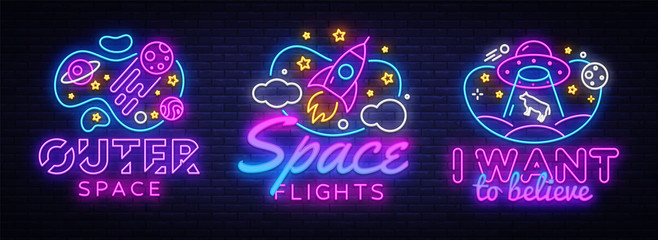 Space collection neon signs vector. Cosmic Theme design template concept. Neon banner background design, night symbol, modern trend design. Vectro Illustration © Ivan