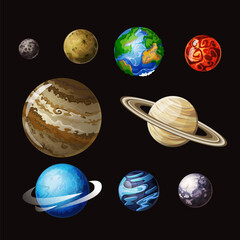 Solar system cartoon vector set. Planets of solar system isolated on black background, illustration for school education or space exploration © klyaksun