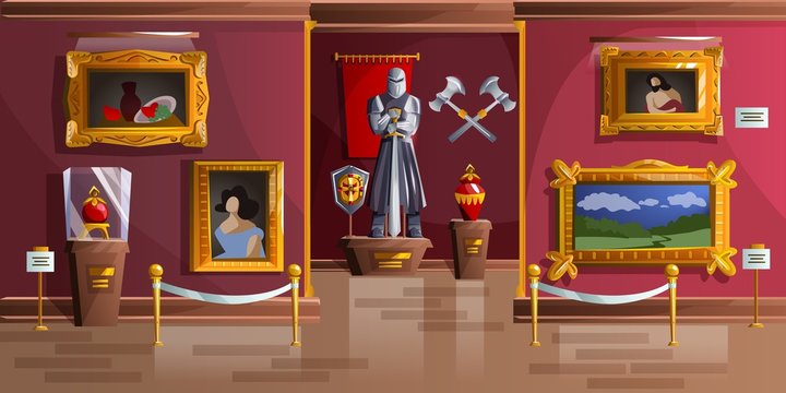 Museum exhibition room cartoon vector illustration. Palace interior, art gallery of medieval castle, empty hall with ancient portraits, knight armor statue and ancient weapons on wall, game background