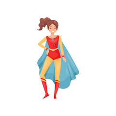 Brunette woman is a super hero in a red suit. Vector illustration on white background.