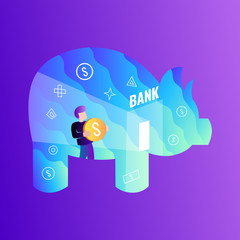Save money concept. Large piggy. User holding a coin. Web banner. Vector illustration.