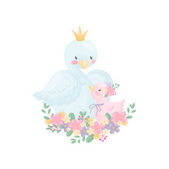 Obraz na płótnie Canvas Cartoons goose and gosling sit on a flower arrangement. Vector illustration on white background.
