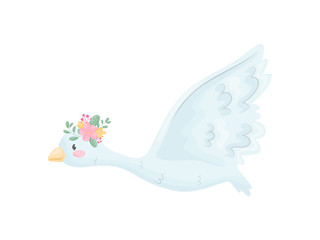 Cute swan is flying. Vector illustration on white background.