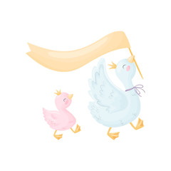 Cartoon goose carries an orange flag. Vector illustration on white background.