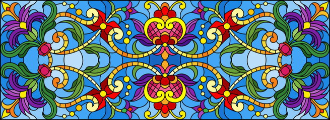 Illustration in stained glass style with abstract  swirls,flowers and leaves  on a blue background,horizontal orientation