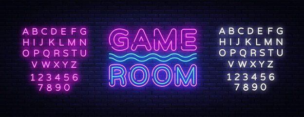 Game Room Neon Text Vector. Gaming neon sign, design template, modern trend design, night signboard, night bright advertising, light banner, light art. Vector illustration. Editing text neon sign