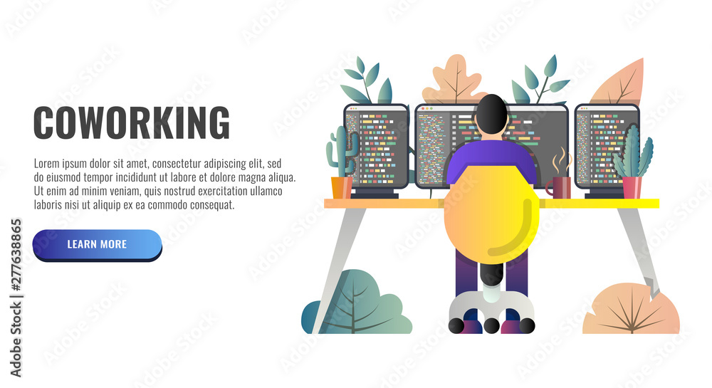 Aufkleber workspace office concept. man working at the computer. web banner. vector illustration.