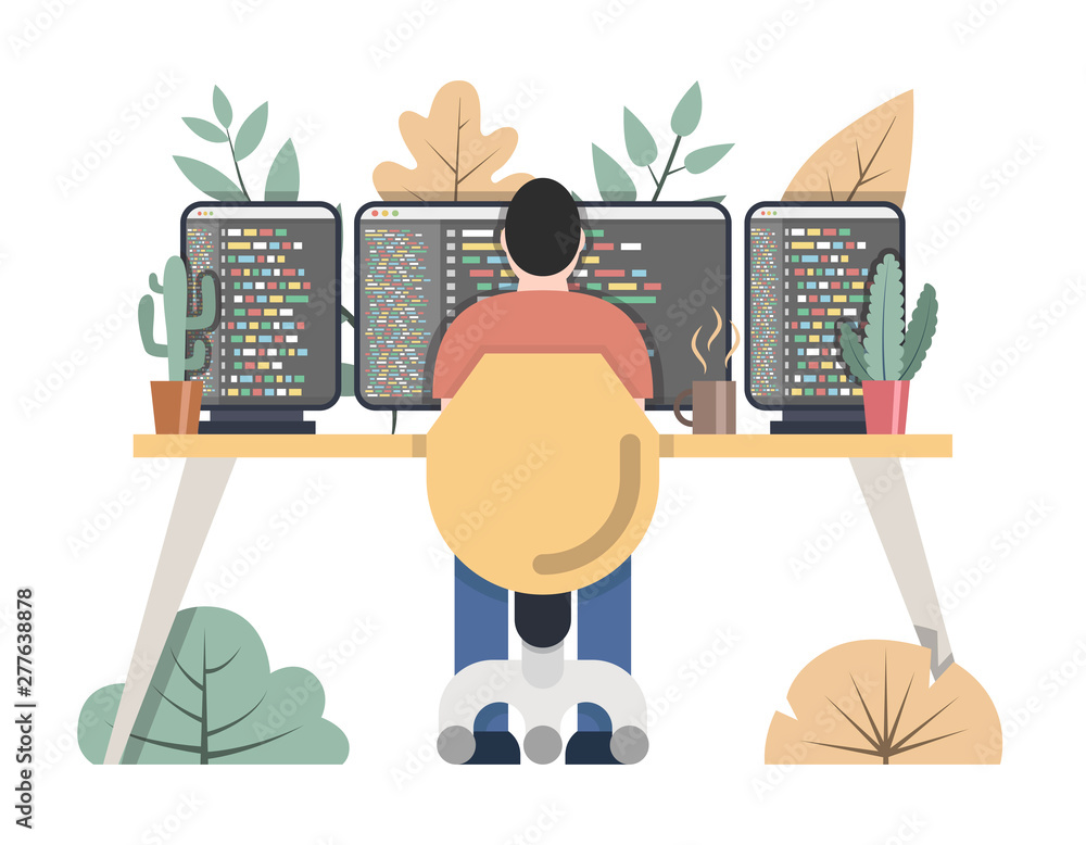 Poster co-working space concept. man working at the computer. web banner. vector illustration.