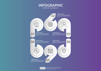 6 steps infographic. timeline design template with 3D paper label, integrated circles. Business concept with options. For content, diagram, flowchart, steps, parts, workflow layout, chart.