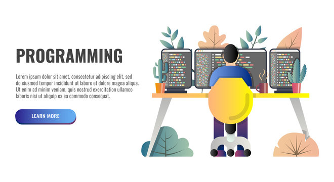 Programmer at work concept. Web banner. Vector illustration