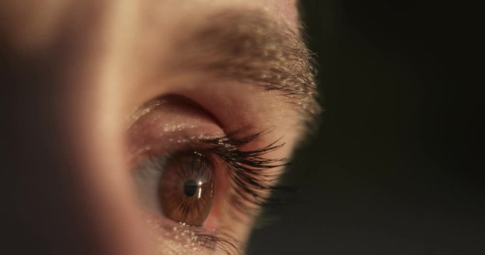 Closeup of woman's blinking wide open brown eye on blur background at sunset, side view. Clear and kind look somewhere in the distance.