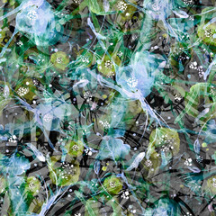 Creative seamless watercolor pattern of plants, Herbs, flowers, poppy, rose, peony. Tropical leaves, palms, bamboo, branch. Flowers watercolor, stylish pattern. Abstract paint splash.Art background