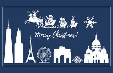 Santa Claus in sleigh flying over buildings.