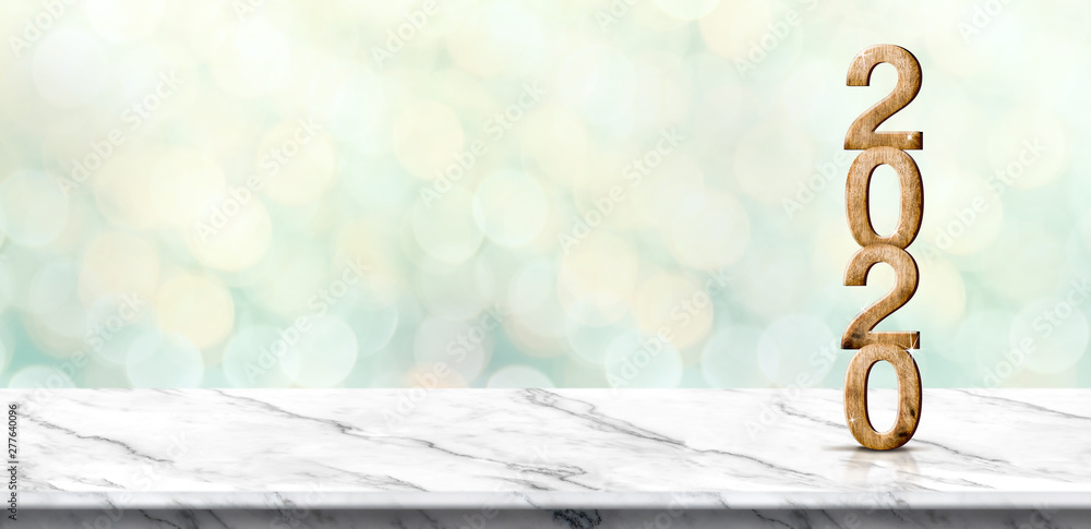 Aufkleber new year 2020 wood number (3d rendering) on marble table at blur abstract green bokeh background,moc