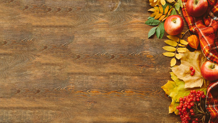 Harvest time. Colorful fall leaves, red apples and cranberry arranged on brown wooden background....