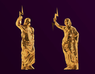 Gold Zeus. Shiny Metallic Set of Golden Zeus on Purple Background. Low Poly Vector 3D Rendering