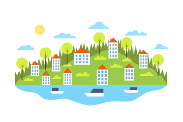 City landscape concept. Geometric urban scene. City landscape with buildings, hills, lake, boats and trees. Vector illustration.