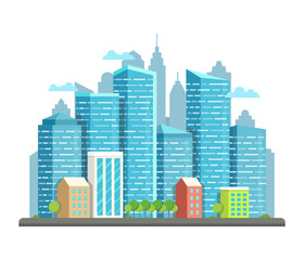 Obraz premium City downtown landscape with high skyscrapers piercing clouds in the sky. Vector illustration.