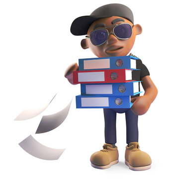 Careless black hiphop rapper in baseball cap drops some files from his folders, 3d illustration