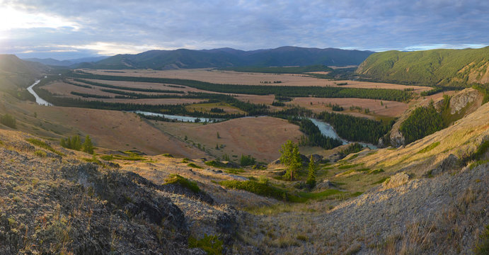 Mountainous landscape. Beautiful sunset above Argut River Valley, Altai Republic, Siberia, Russia.