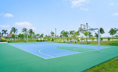 Outdoor open basketball court under sunny sky . Healthy lifestyle sport background .