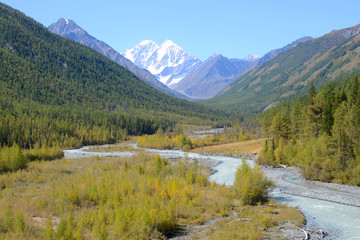 Fototapeta premium Mountainous landscape. Yedygem River and Belukha Mountain (the highest peak of the Altai Mountains). Altai Republic, Siberia, Russia.
