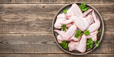 Fresh raw chicken wings on ceramic plate