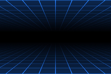blue light line grid over under one point center perspective dark background retro