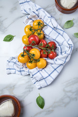 Rote und gelbe Tomaten mit Mozzarella und Basilikum auf Marmor Hintergrund