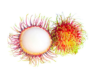 Close up Selective focus Fresh red Rambutans fruit of tropical on white background.