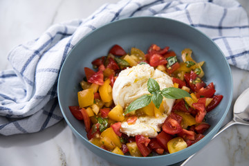 Mozzarella Kugel mit roten und gelben Tomaten, Basilikum und Olivenöl in Schale auf Marmor...