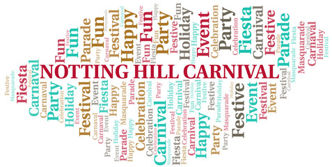 Notting Hill Carnival word cloud vector made with text only.