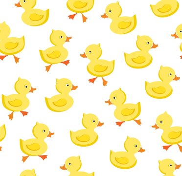 Ducklings, seamless pattern, color, white, vector. Yellow ducklings on a white field. Color, flat vector picture. Funny ducklings.  