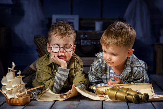 Boys Play In Their Room At Night By Moonlight