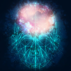 Human face low polygon. Wireframe mesh head shape consisting of connected dots and lines. Abstract human illustration. Elements of this image furnished by NASA. Deep space with stars and nebula