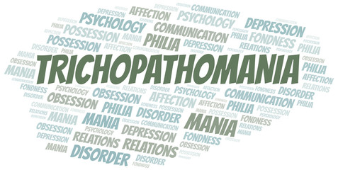 Trichopathomania word cloud. Type of mania, made with text only.
