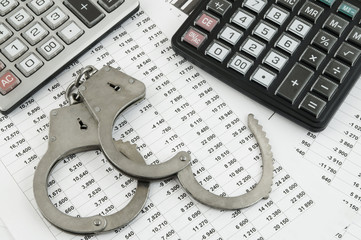 Financial fraud concept, two calculators and handcuffs on financial report