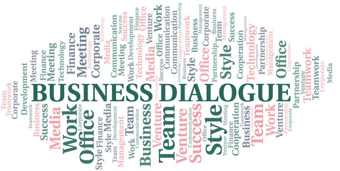 Business Dialogue word cloud. Collage made with text only.