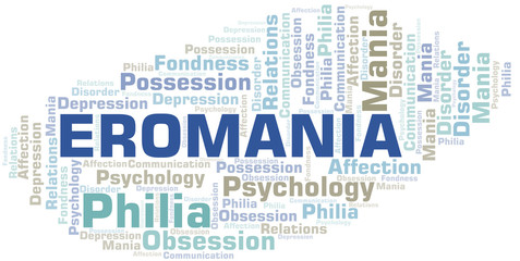 Eromania word cloud. Type of mania, made with text only.