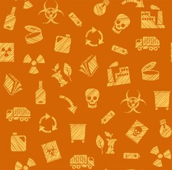 Waste collection and disposal, seamless pattern, pencil hatching, orange, color, vector. Garbage collection, different types of waste. Vector, seamless background. Imitation of pencil hatching. 